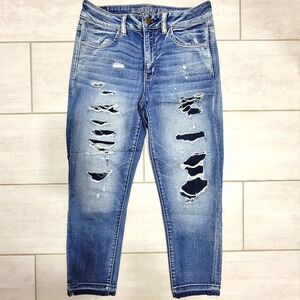 American Eagle Outfitters Distressed Hi-Rise Jegging Crop Capri Blue Jeans Denim